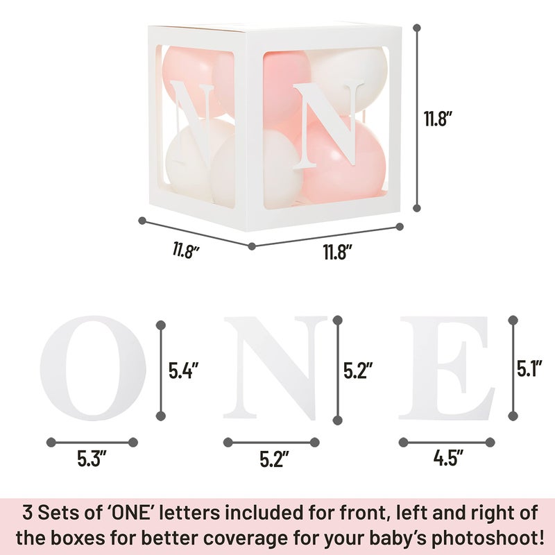 PartyHooman First Birthday Decorations Balloon 'ONE' Boxes for Baby Girl - 24 Balloons - Baby 1st Birthday Girl Decoration, Clear Cube Blocks 'ONE' Letters as Cake Smash Photoshoot Props Backdrop | 1 Year Old - Image 5